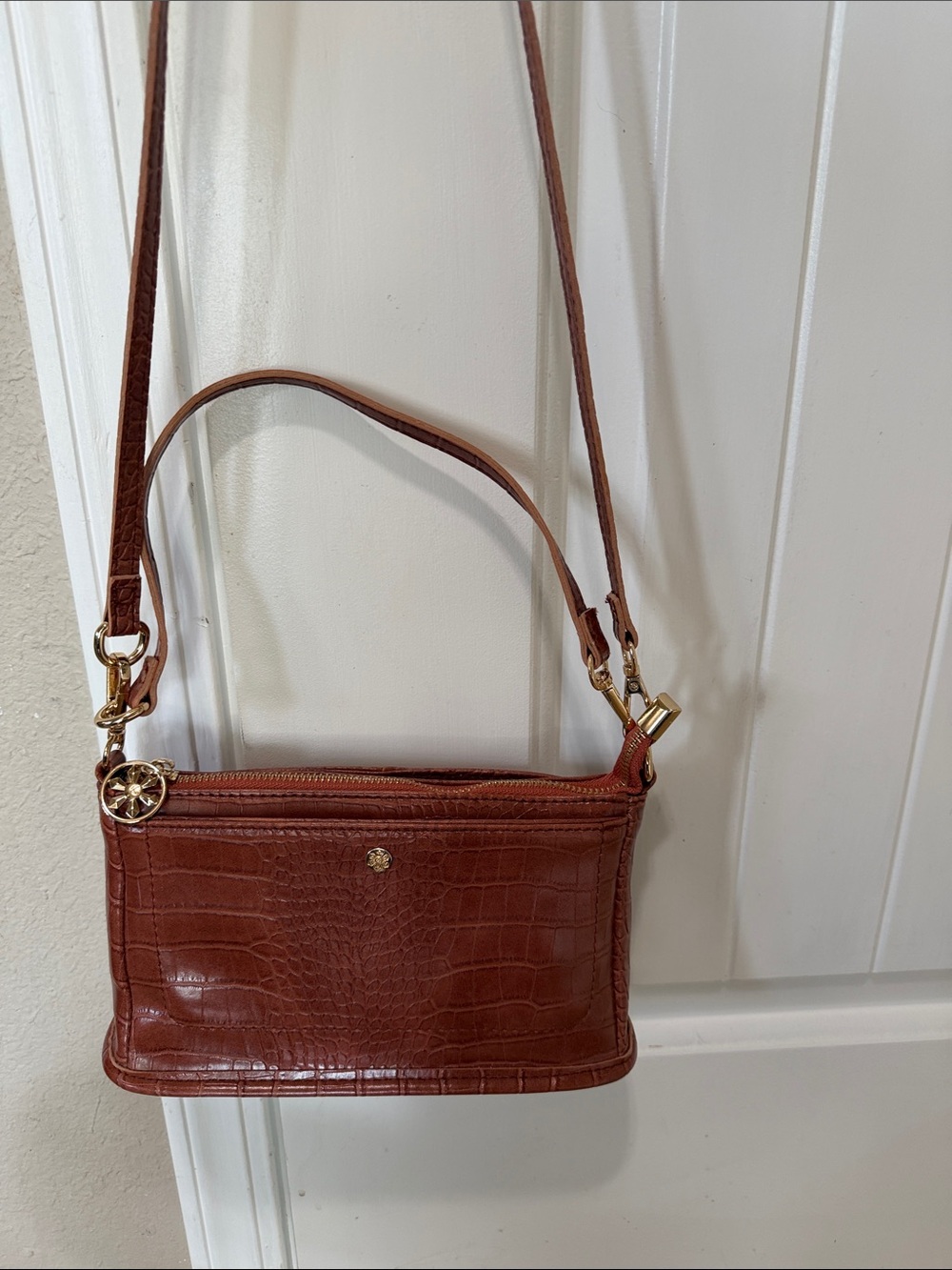 Croc-Embossed Crossbody Bag in Cognac Brown